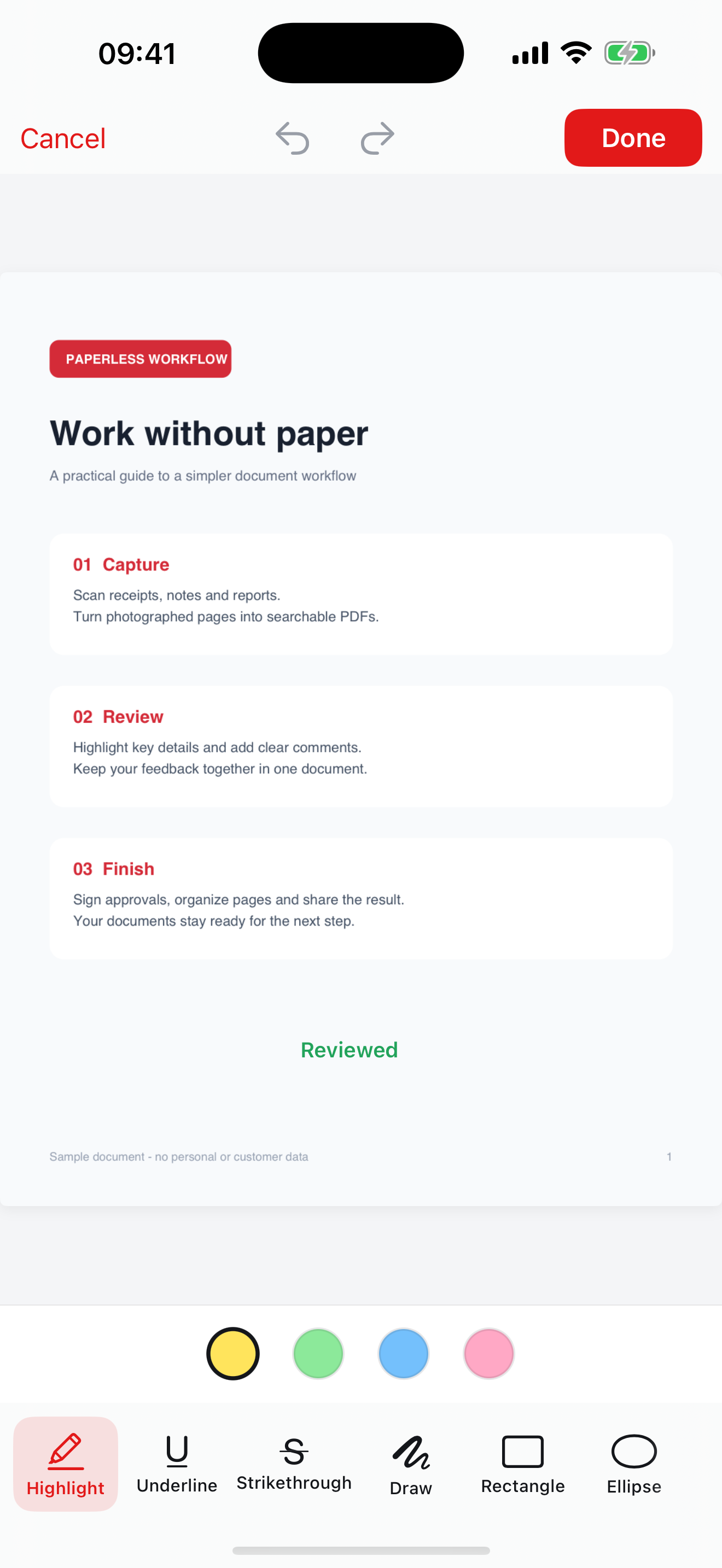 PDF Reader's annotation screen with a reviewed document and markup tools