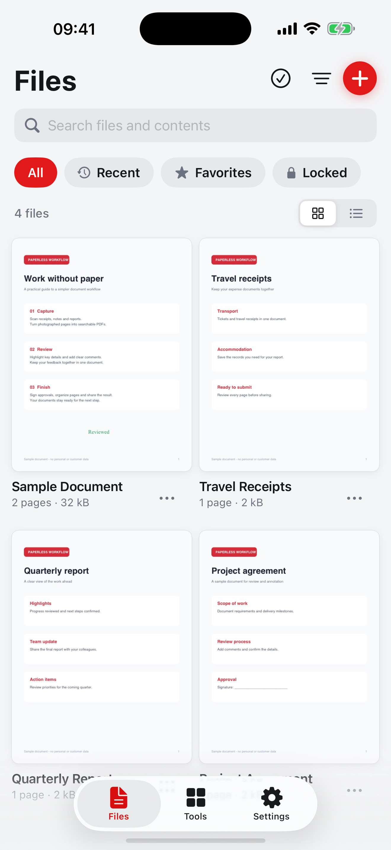 PDF Reader library showing organized sample documents