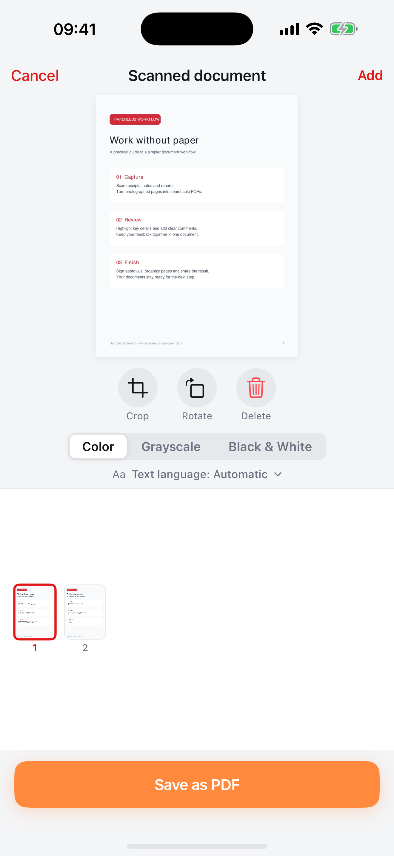 Scan review with crop, rotate, color and OCR language controls